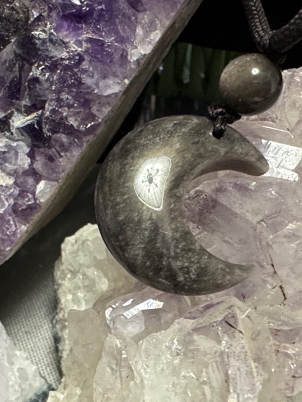 Silver Sheen Obsidian Crescent Moon Stone Pendant Necklace - Women Jewelry
